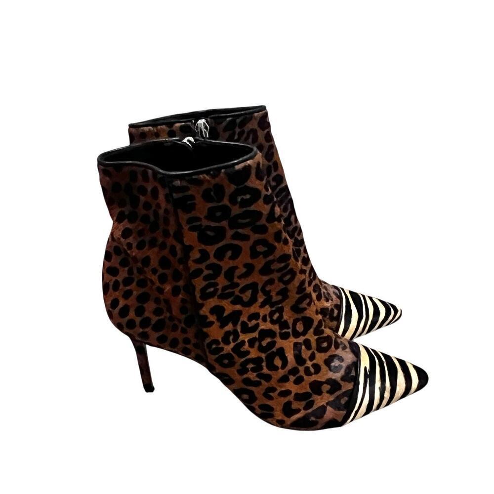 Schutz Ankle Booties Womens Size 9 Brown Leopard Zebra Calf Hair Stiletto Heel